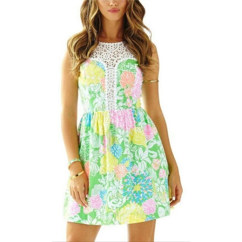 Lilly Pulitzer Raegan Hibiscus Stroll Print Lace Inset Fit & Flare Cotton Dress